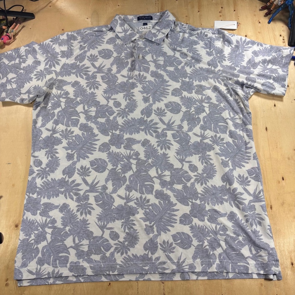 Peter Millar Crown Crafted Mens XL Floral Polo Blue White Cotton Blend Golf